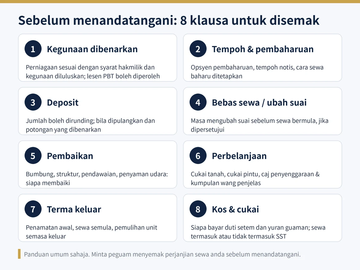 Senarai semak klausa penting sebelum menandatangani sewaan lot kedai atau pejabat