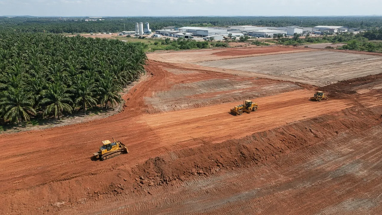 Tanah pertanian sedang diratakan untuk pembangunan industri bersebelahan ladang kelapa sawit